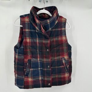 Women Plaid Puffer Vest Size S Red Navy Flannel Winter Cabincore Preppy Academia